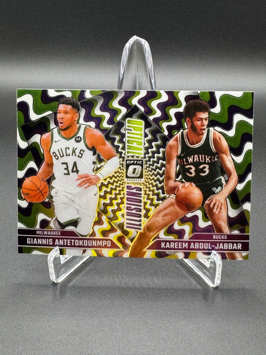 2024-2025 Panini Donruss Optic Basketball Giannis Antetokounmpo Kareem Abdul-Jabbar #4 Optical Illusions Purple Raw
