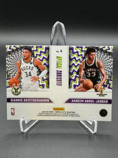 2024-2025 Panini Donruss Optic Basketball Giannis Antetokounmpo Kareem Abdul-Jabbar #4 Optical Illusions Purple Raw
