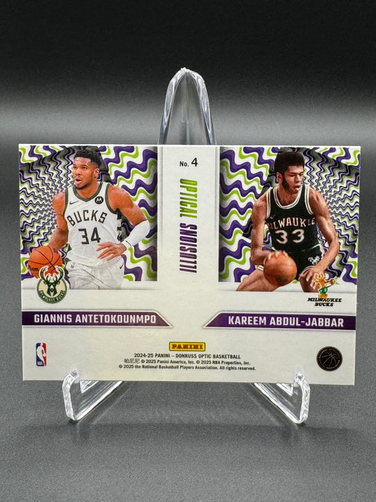 2024-2025 Panini Donruss Optic Basketball Giannis Antetokounmpo Kareem Abdul-Jabbar #4 Optical Illusions Purple Raw