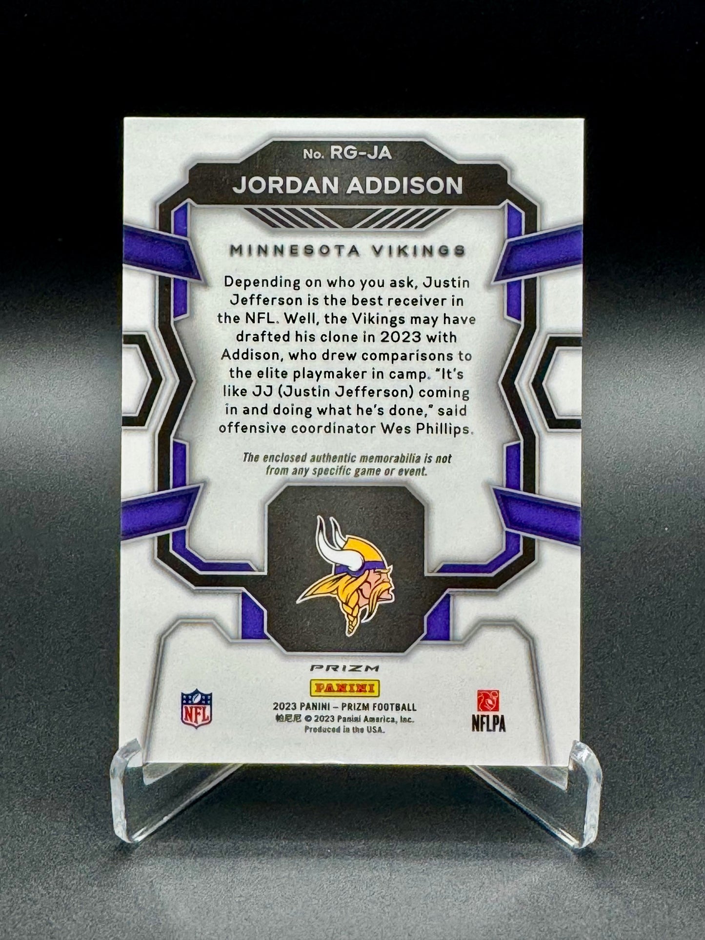2023 Panini Prizm Football Jordan Addison RC #RG-JA Rookie Gear Relic Raw