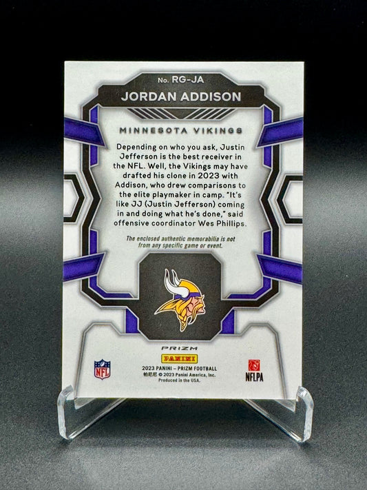 2023 Panini Prizm Football Jordan Addison RC #RG-JA Rookie Gear Relic Raw
