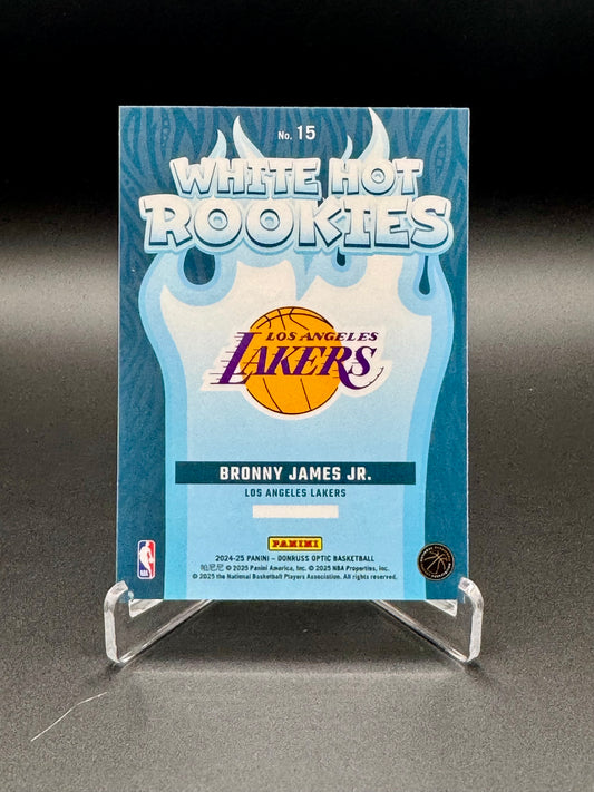 Back of 2024-25 Panini Donruss Optic Bronny James Jr. White Hot Rookies #15 rookie card