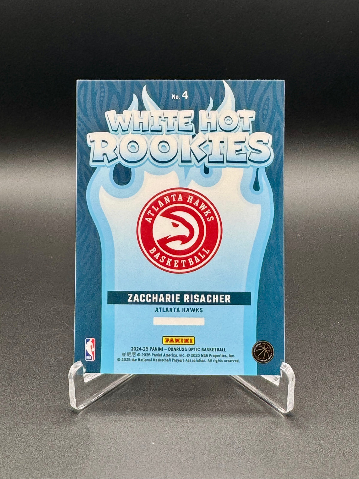 Back of 2024-25 Panini Donruss Optic Zaccharie Risacher White Hot Rookies #4 rookie card