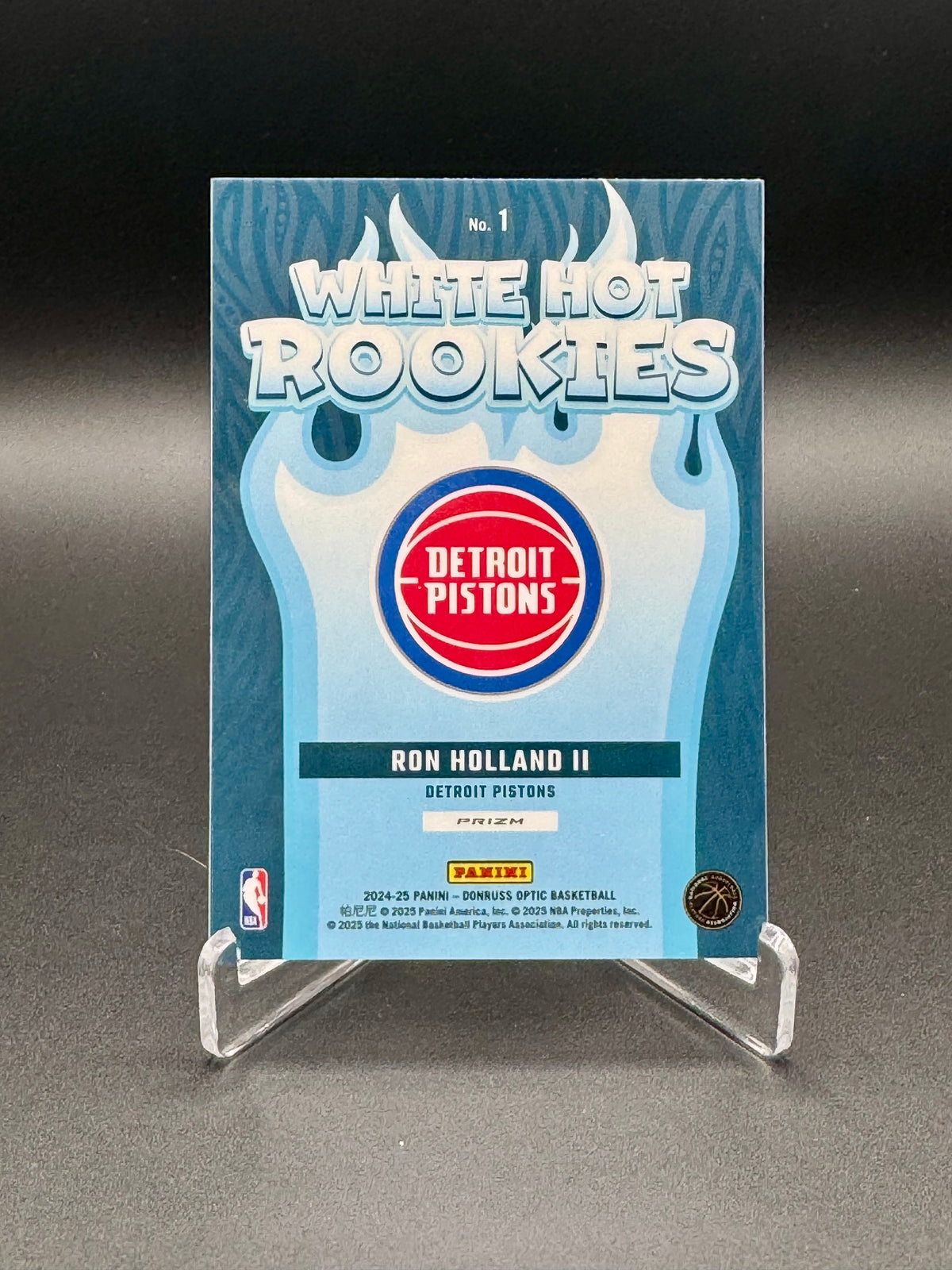 Back of 2024-25 Panini Donruss Optic Ron Holland II White Hot Rookies Purple #1 card