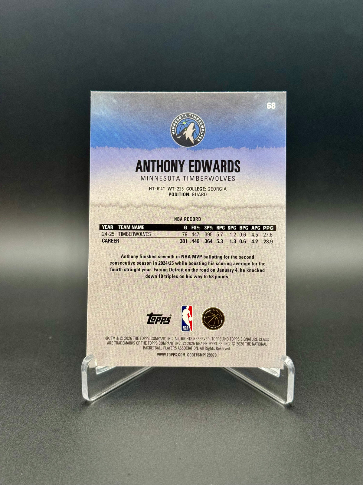 2025-26 Topps Signature Class Anthony Edwards #68 Round 1 Pick 1 Partial Rainbow Set Raw